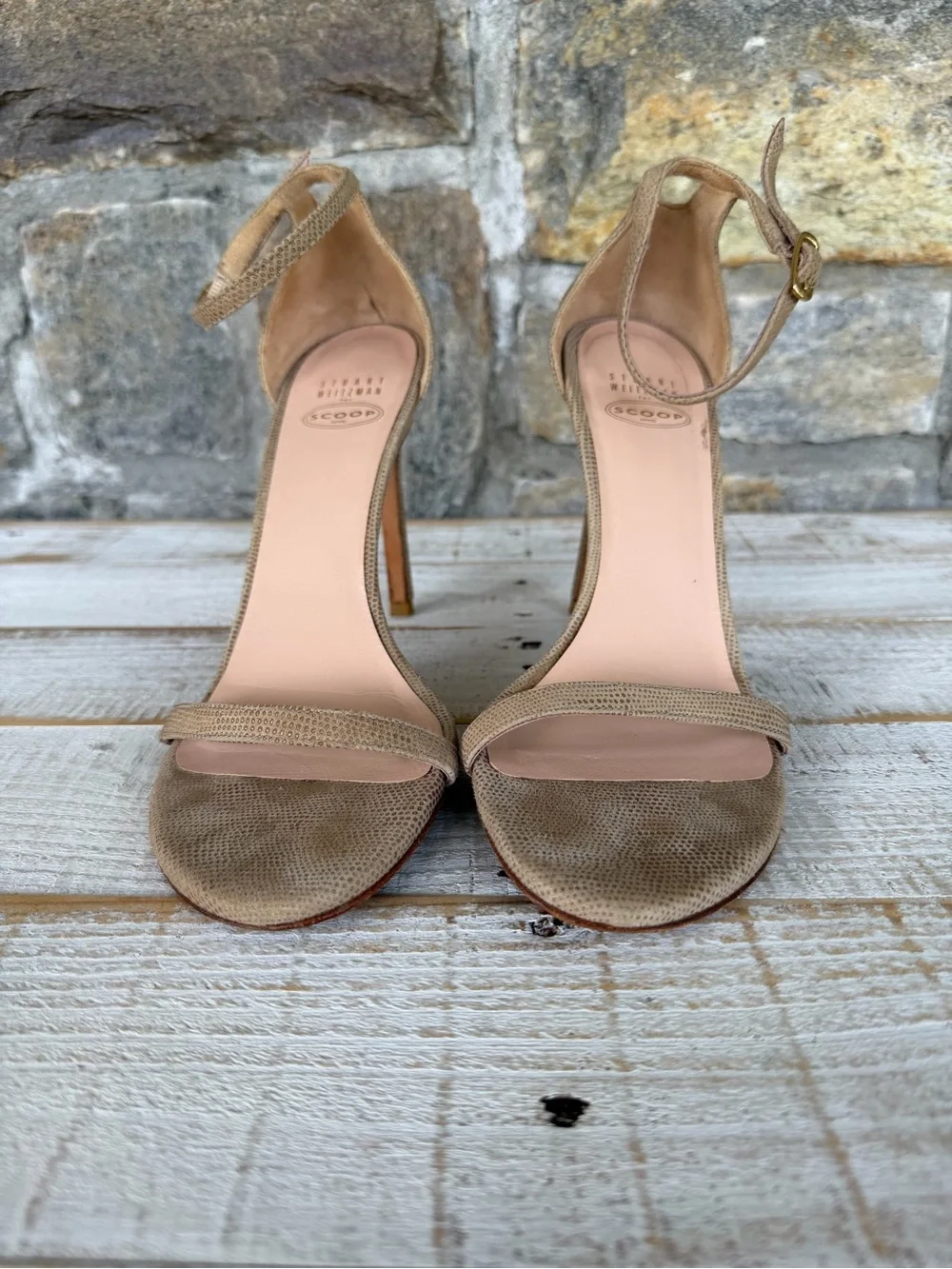 Stuart Weitzman Taupe Open-Toe Ankle-Strap Stiletto Sandals